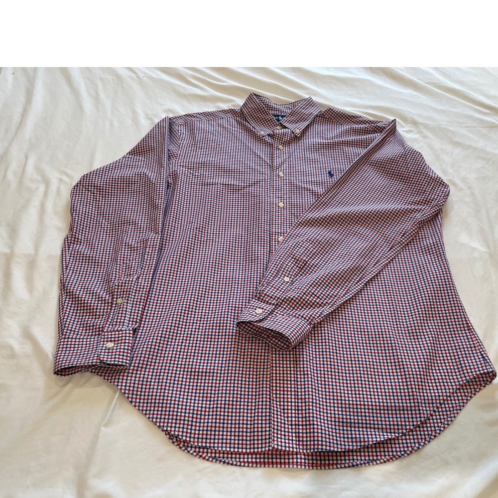 Polo Ralph Lauren Mens Large Gingham Button Down Shirt Red White Blue Cotton